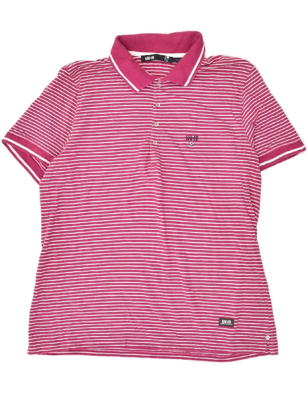 LIU JO Womens Polo Shirt IT 54 2XL Pink Striped Cotton Fashionable Short Sleeve Vest