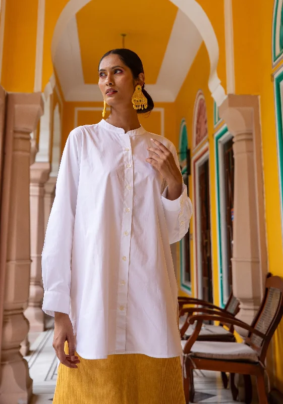 Malabar Oversized Shirt - White Classic V-Neck Short Shirt