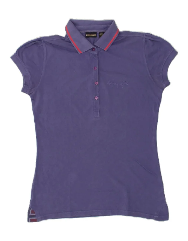 NAPAPIJRI Womens Polo Shirt UK 14 Large Purple Cotton Chic Button-Up Short Shirt