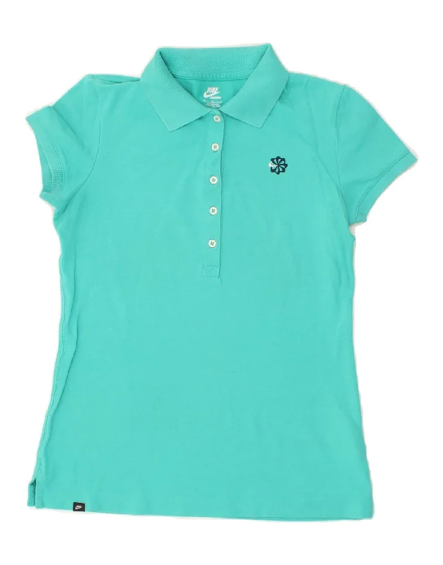 NIKE Womens Polo Shirt UK 12 Medium Turquoise Cotton Chic V-Neck Short Blouse