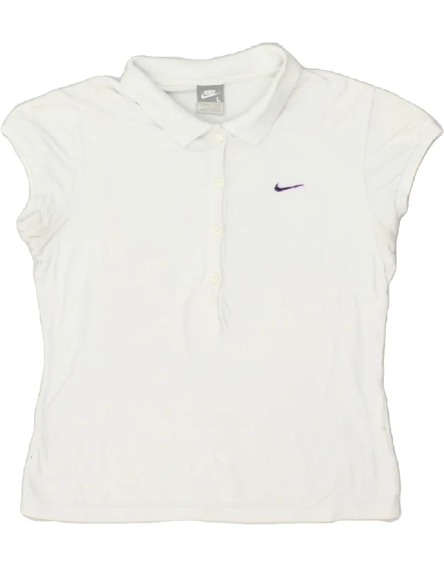 NIKE Womens Polo Shirt UK 14/16 Large White Cotton Trendy Print Short Sleeve