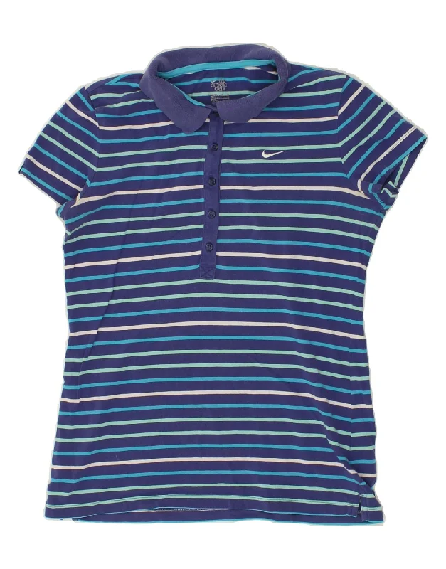 NIKE Womens Polo Shirt UK 14 Medium Navy Blue Striped Cotton Soft Cotton Short Shirt