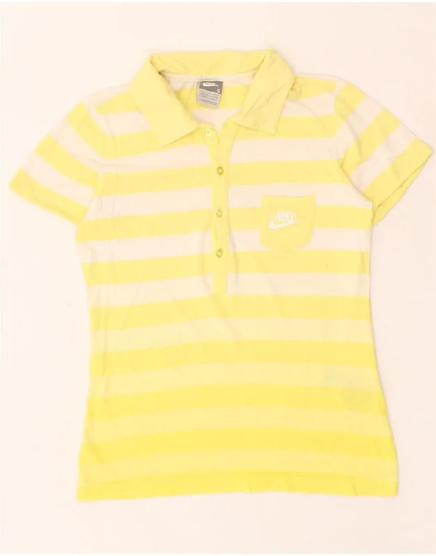 NIKE Womens Polo Shirt UK 8/10 Small Yellow Striped Cotton Comfortable Summer Short Shirt