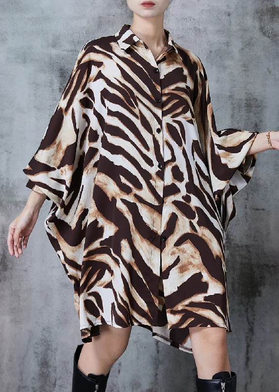 Plus Size Oversized Leopard Print Chiffon Long Shirts Batwing Sleeve Stylish Short Sleeve Polo