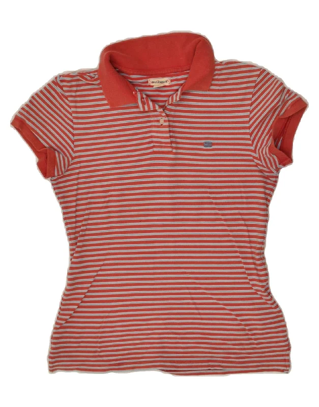 POLO RALPH LAUREN Womens Polo Shirt UK 12 Medium Red Striped Cotton Chic V-Neck Short Blouse