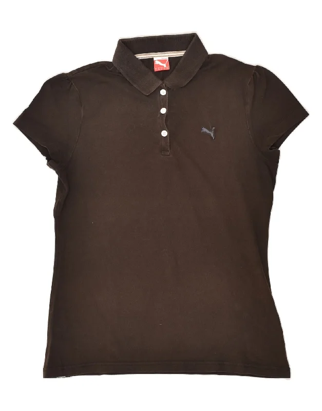 PUMA Womens Polo Shirt UK 14 Large Brown Cotton Cozy Knit Short Sleeve Top