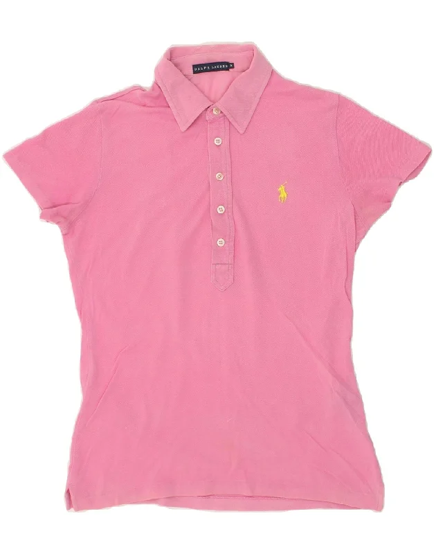 RALPH LAUREN Womens Polo Shirt UK 12 Medium Pink Cotton Fashionable Cuffed Short Sleeve