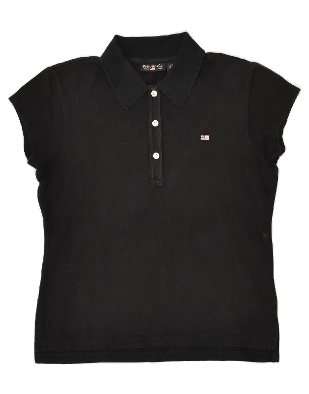 RALPH LAUREN Womens Polo Shirt UK 14 Large Black Cotton Elegant Lace-Trimmed Short Shirt