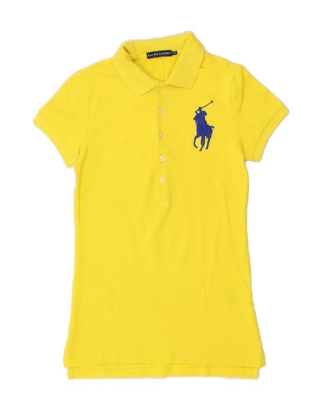 RALPH LAUREN Womens Polo Shirt UK 4 XS Yellow Cotton Classic Button-Up Short Tee