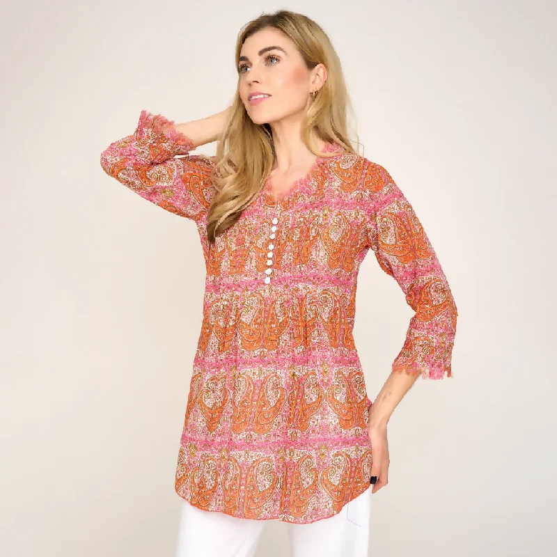 Sophie Cotton Shirt in Pink & Ochre Paisley Classic Short Sleeve Blouse