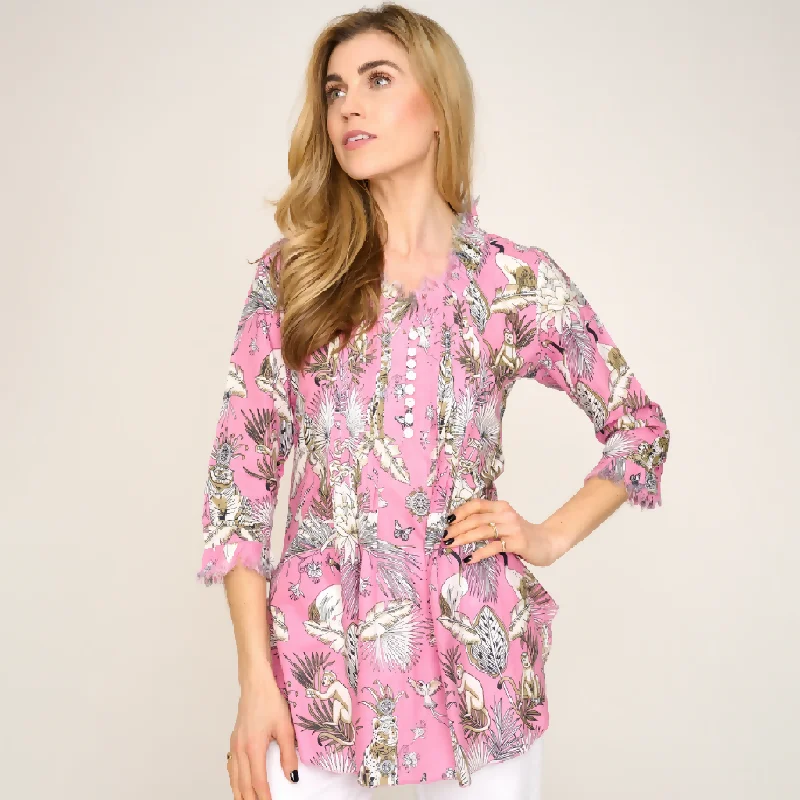 Sophie Cotton Shirt in Pink Tropical Relaxed Cotton Short Blouse