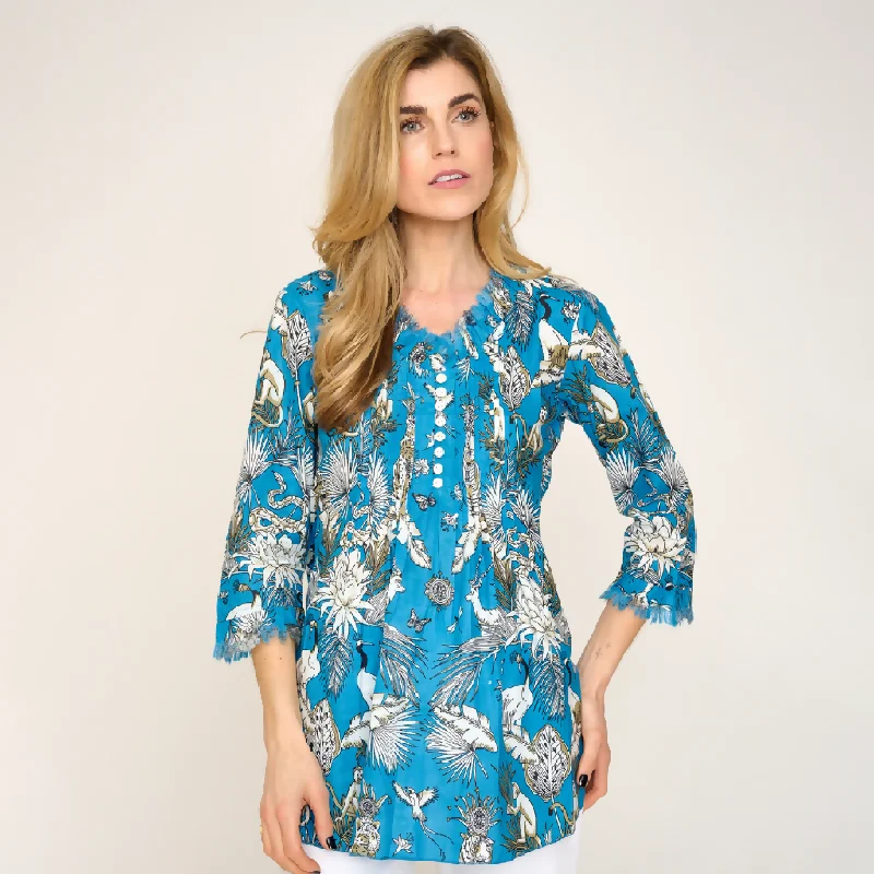 Sophie Cotton Shirt in Sky Blue Tropical Chic Embellished Short Sleeve