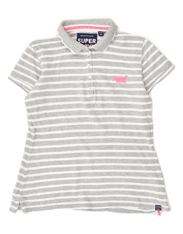 SUPERDRY Womens Polo Shirt UK 10 Small Grey Striped Cotton Classic Solid Short Shirt