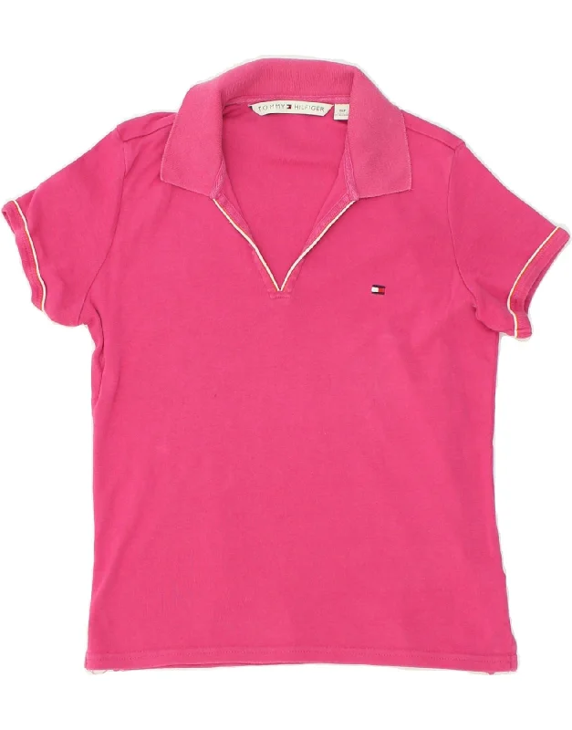 TOMMY HILFIGER Womens Polo Shirt UK 10 Small Pink Cotton Fashionable Tied Short Sleeve