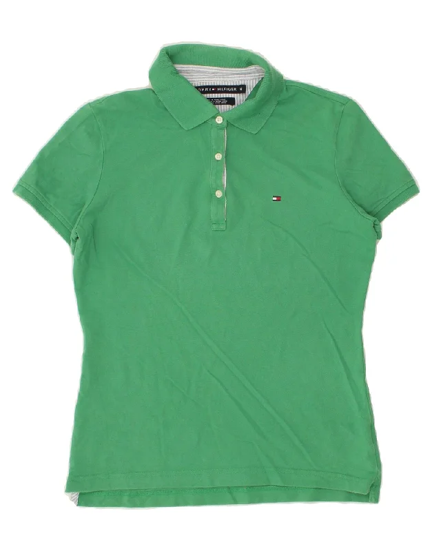 TOMMY HILFIGER Womens Polo Shirt UK 12 Medium Green Cotton Elegant Lace Short Sleeve