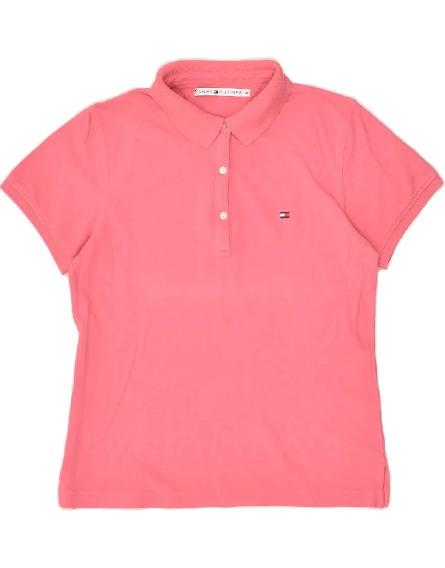 TOMMY HILFIGER Womens Polo Shirt UK 12 Medium Pink Cotton Classic Short Sleeve Blouse