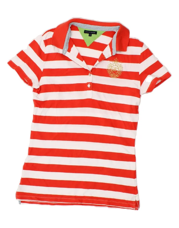 TOMMY HILFIGER Womens Polo Shirt UK 12 Medium Red Striped Cotton Chic Silk Short Sleeve Shirt