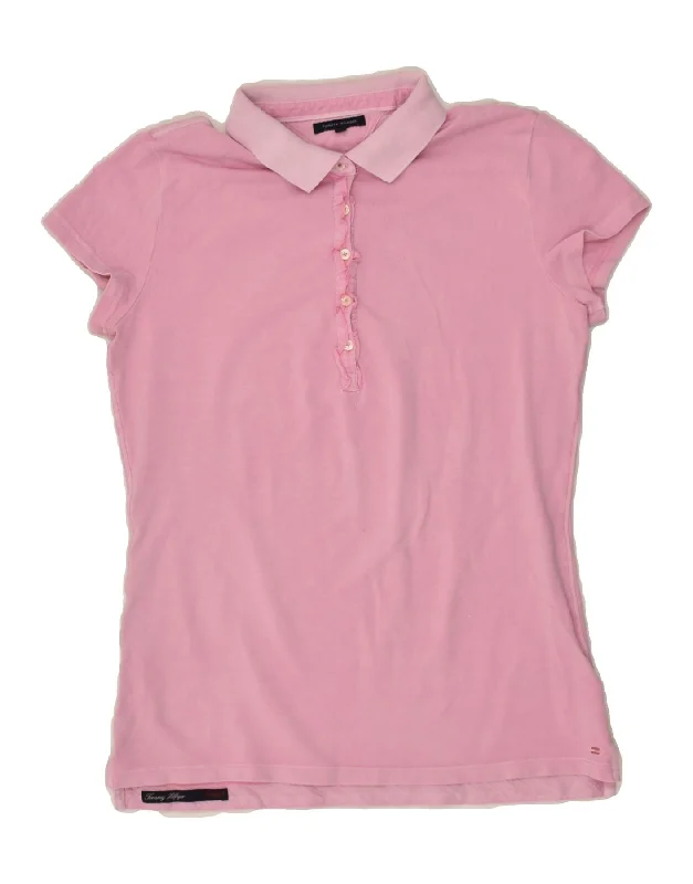 TOMMY HILFIGER Womens Polo Shirt UK 14 Large Pink Cotton Casual Boxy Short Shirt