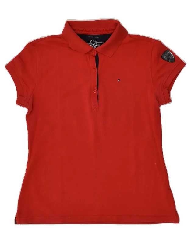 TOMMY HILFIGER Womens Polo Shirt UK 14 Medium Red Cotton Stylish Striped Short Sleeve