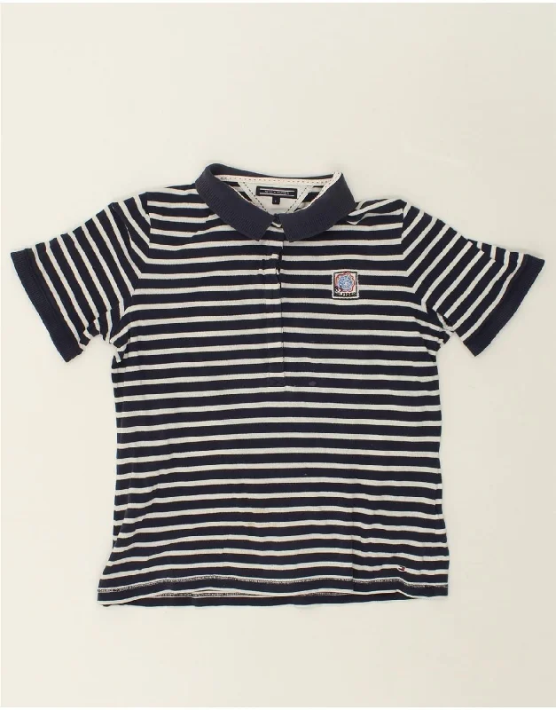 TOMMY HILFIGER Womens Polo Shirt UK 16 Large Navy Blue Striped Cotton Elegant High-Low Short Shirt