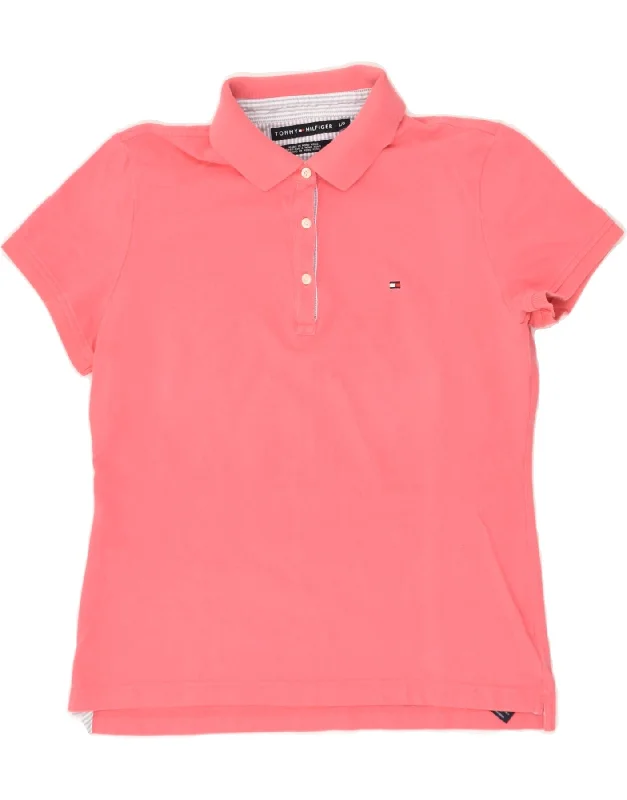 TOMMY HILFIGER Womens Polo Shirt UK 16 Large Pink Cotton Fashionable Button-Front Short Sleeve