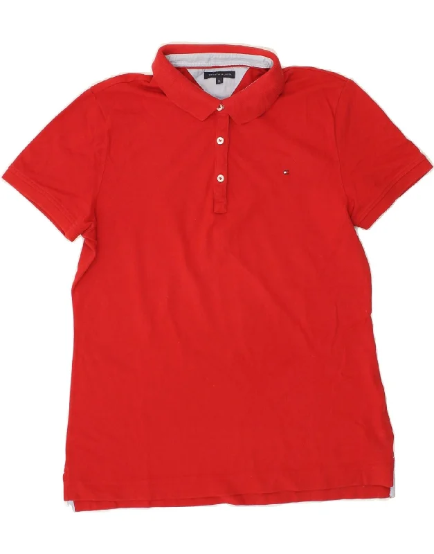 TOMMY HILFIGER Womens Polo Shirt UK 18 XL Red Cotton Elegant Draped Short Sleeve