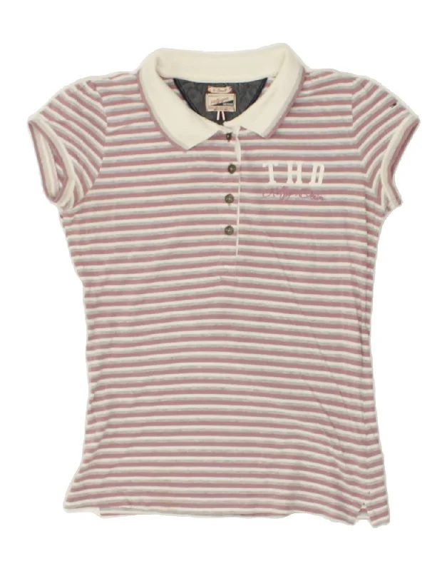 TOMMY HILFIGER Womens Polo Shirt UK 6 XS Pink Striped Cotton Relaxed Fit Short Shirt