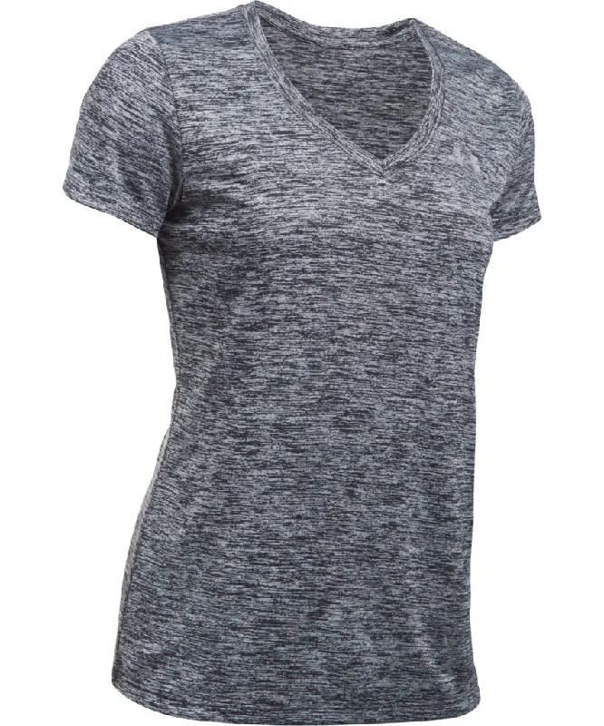 UNDER ARMOUR WOMEN'S TECH TWIST V NECK T SHIRT - BLACK Stylish Split-Hem Short Shirt