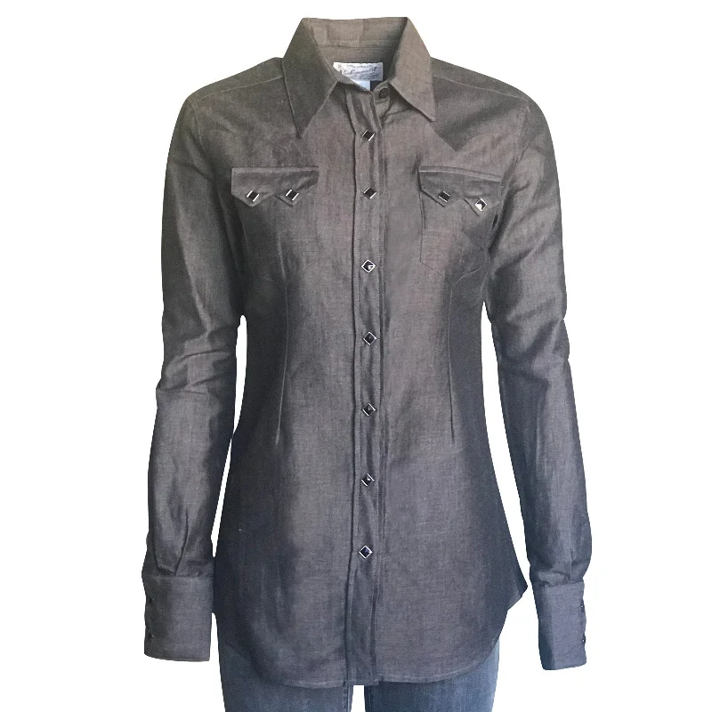 Women's Extra-Fine Cotton Black Chambray Western Shirt Casual Loose Short Sleeve