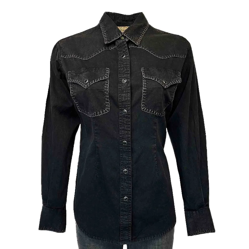 Women's Black Stonewashed Denim Blanket Stitch Western Shirt Relaxed Cotton Short Blouse