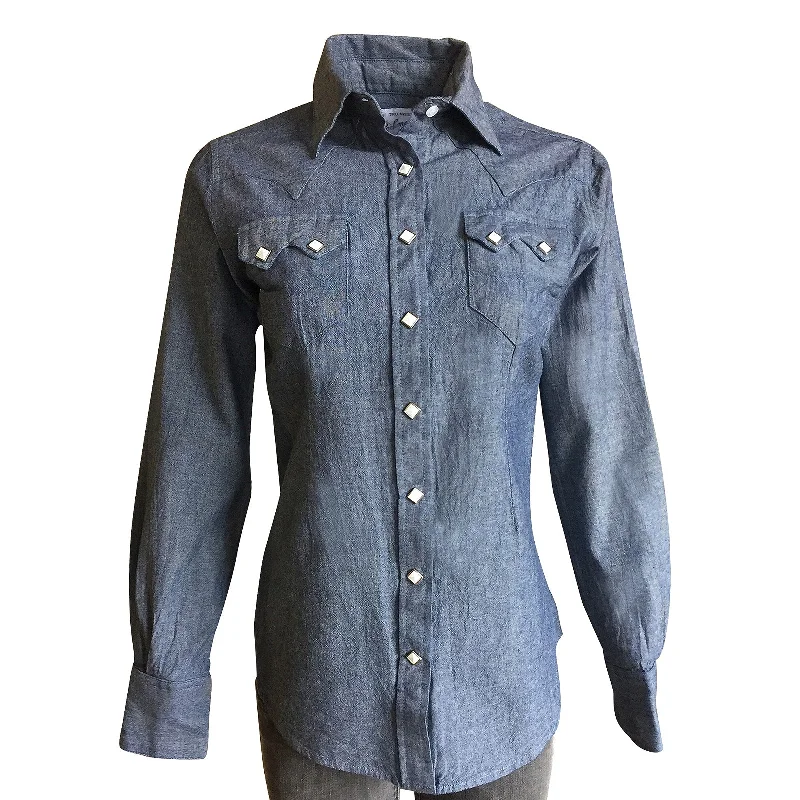 Women's Classic Chambray Sawtooth Pocket Western Shirt Fashionable Pleated Short Shirt