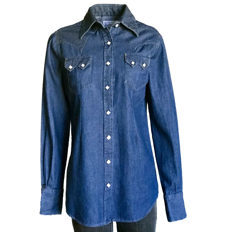 Women's Classic Stonewashed Denim Western Shirt Stylish Round Neck Shirt