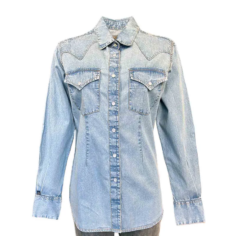 Women's Stonewashed Denim Classic Western Shirt Trendy Ruffled Short Sleeve