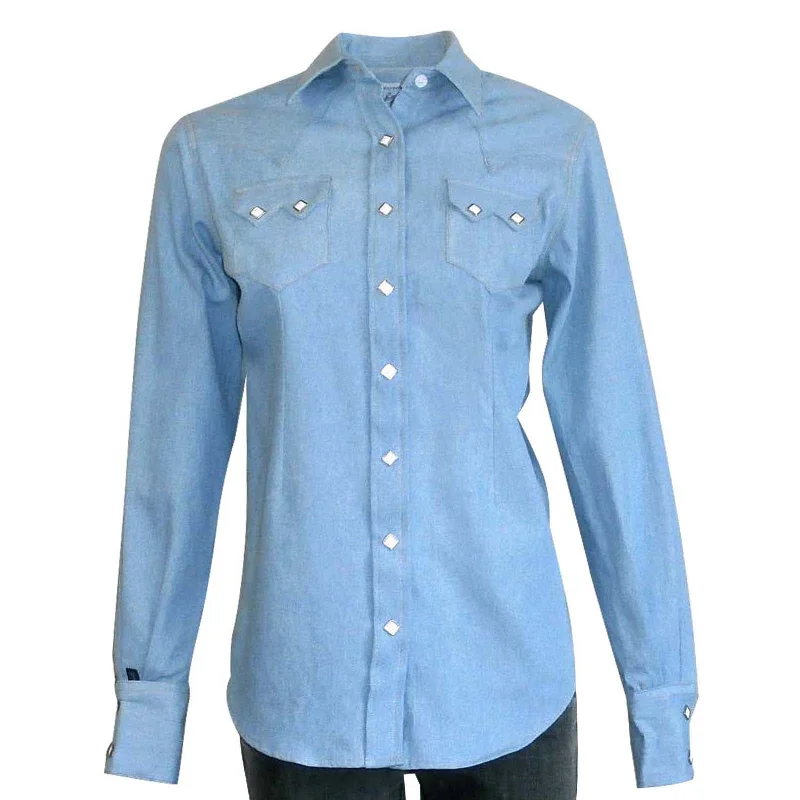 Women's Stonewashed Sawtooth Denim Western Shirt Trendy Print Short Sleeve