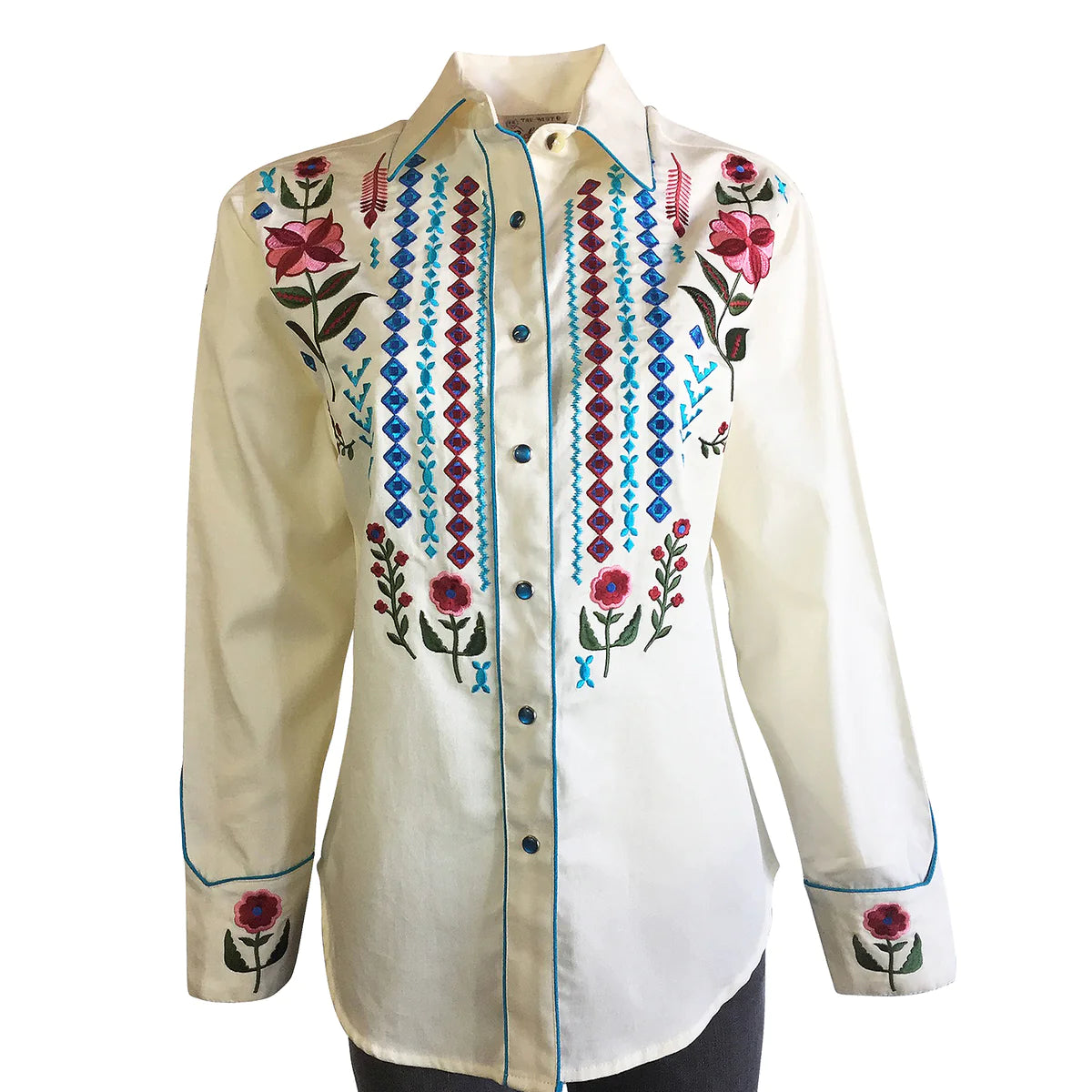 Women's Rockmount Boho Serape Western Shirt with Cascading Embroidery in Ivory Comfortable Graphic Short Sleeve