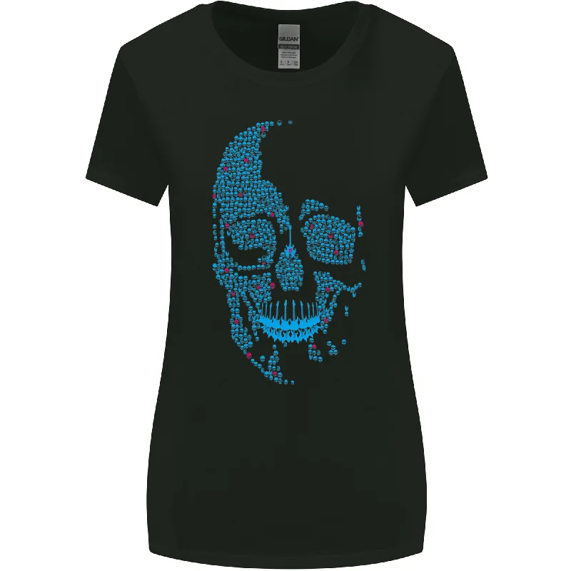 A Blue Skull Made of Guitars Guitarist Womens Wider Cut T-Shirt Zippered Buttoned Snapped