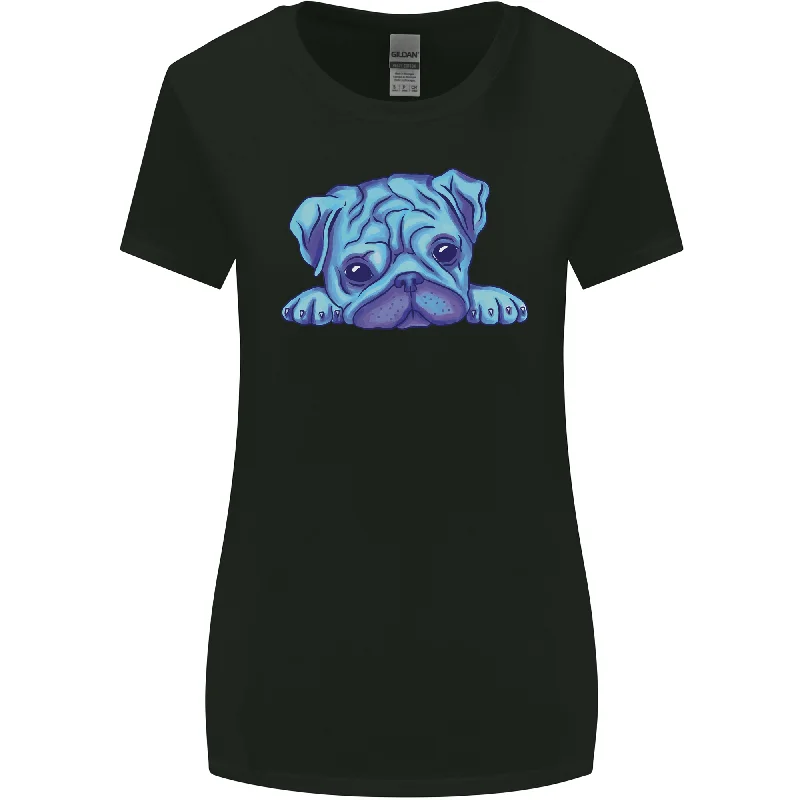 A Blue Watercolour Pug Womens Wider Cut T-Shirt Print Jacquard Patchwork