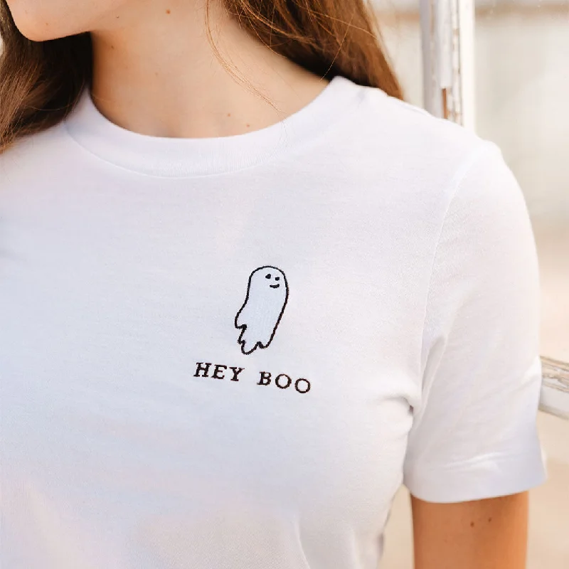 Boyfriend Tee, White Embroidered Hey Boo Cashmere Blend Cotton Blend Poly Blend