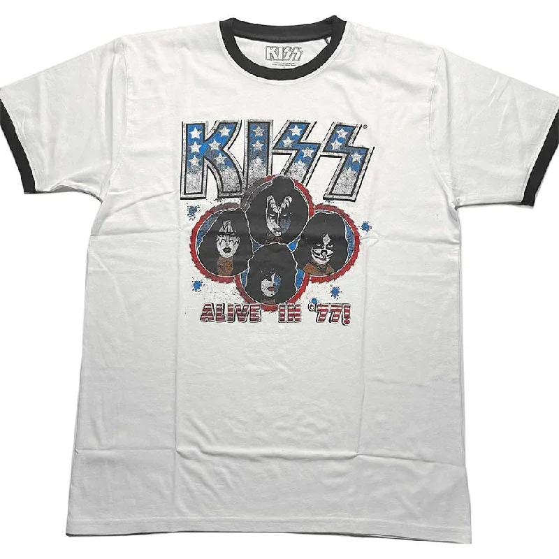 KISS | Official Band Ringer T-Shirt | Alive in '77 Welt Pockets Slit Pockets Flap Pockets