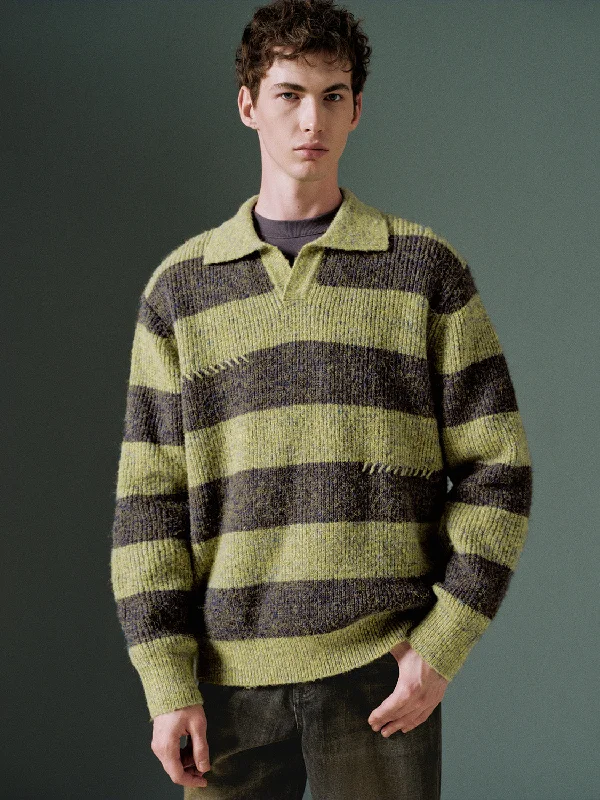 Lapel Striped Knitted T-Shirts Cozy Warm Stylish