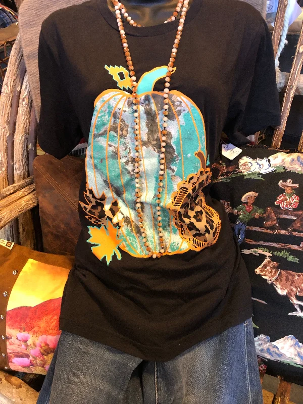 Pumpkin T-Shirt with Turquoise and Cheetah print Hooded Caped Shawl Collar