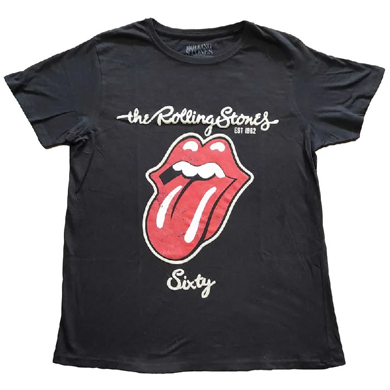 The Rolling Stones Ladies T-Shirt: Sixty Plastered Tongue (Suede Applique) Print Jacquard Patchwork