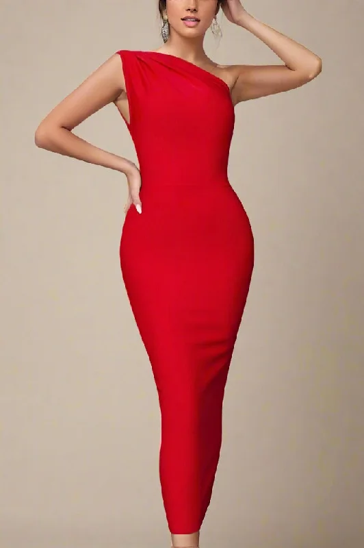 Ally Bodycon Midi Dress - Lipstick Red Stylish High-Waisted Midi Dress