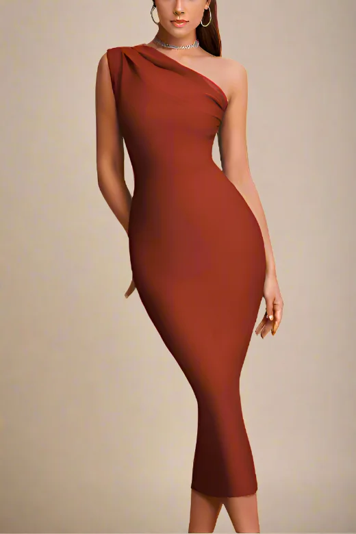 Ally Bodycon Midi Dress - Tan Brown Chic Off-Shoulder Midi Dress