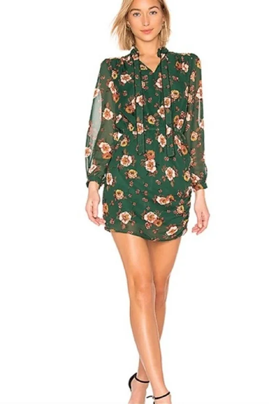 Green Mini Dress With Long Sleeves & Multicolour Floral Prints Elegant Mini Dress with Pleats