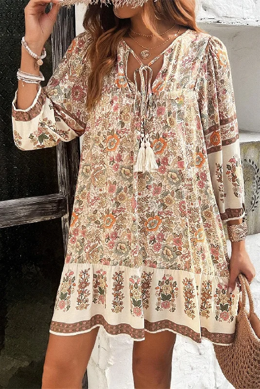 Apricot Floral Print Tassel Drawstring V Neck Loose Mini Dress Elegant Satin Mini Dress