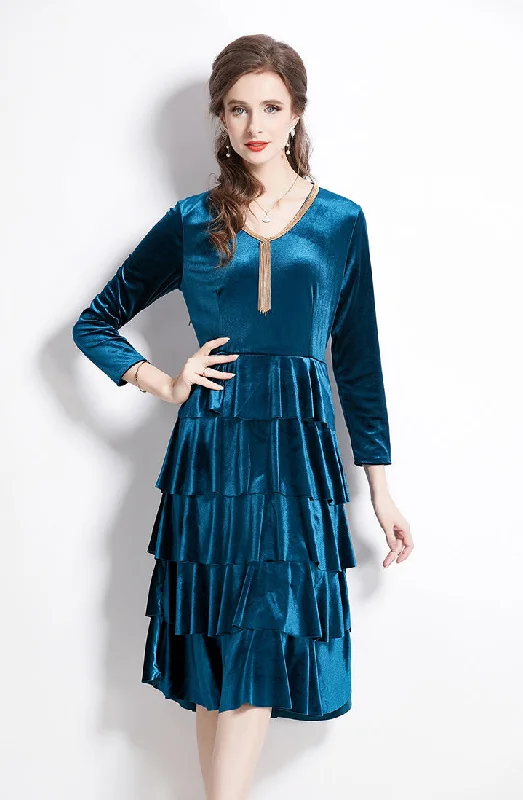 Elegant Velvet Midi Dress V-neck with Ruffles Cozy Tie-Dye Midi Dress