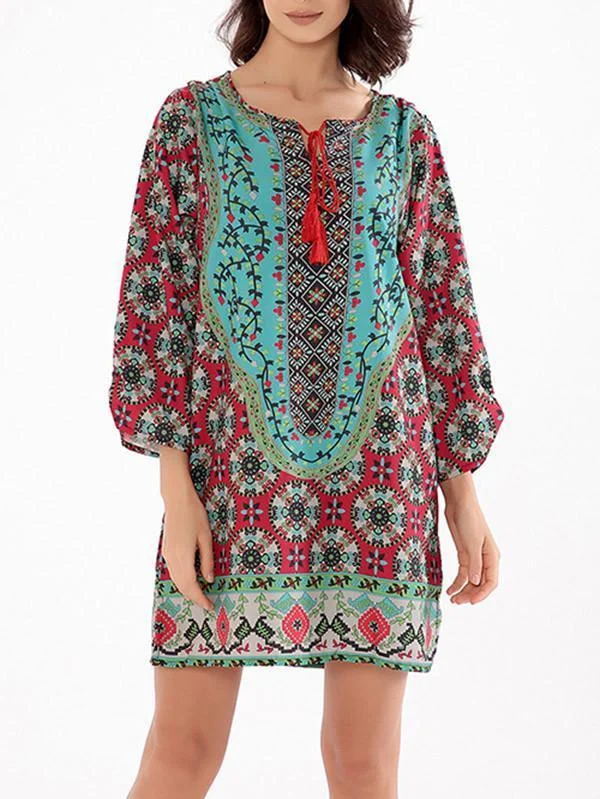 Beautiful Floral Bohemia Long Sleeve Round Neck Mini Dress Comfortable Shift Mini Dress