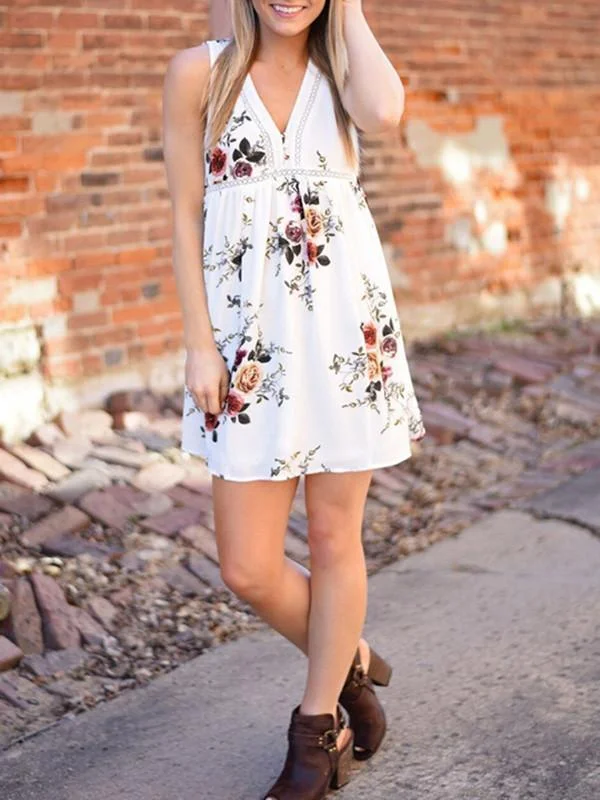 Beautiful White Bohemia Floral Sleeveless V Neck Mini Dress Trendy Mini Dress with Belt