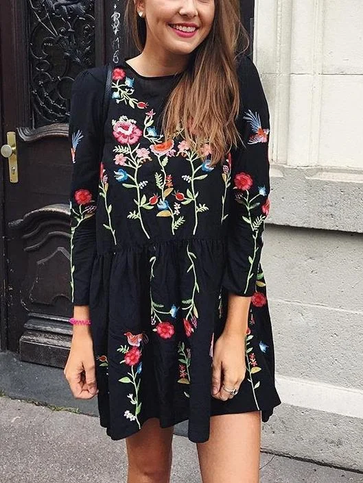 Black Loose Floral Embroidered Long Sleeve Round Neck Mini Dress Trendy A-Line Mini Dress